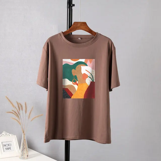 Hirsionsan Aesthetic Printed T Shirts Women 2021 New Soft Vintage Loose Tees Abstract Graphic Cotton Tshirts Summer Casual Tops 5