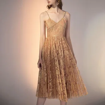 

Runway Bohemian Retro Print Flowers Nail Drill Sexy V-Neck Tulle Party Temperament Suspenders Dress Women'S Clothing New