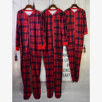 

2019 Family Matching Xmas Pajamas Mum Dad Baby Christmas Home Wear Blue Red Plaid Jumpsuits Clothes Matching Pyjamas Family