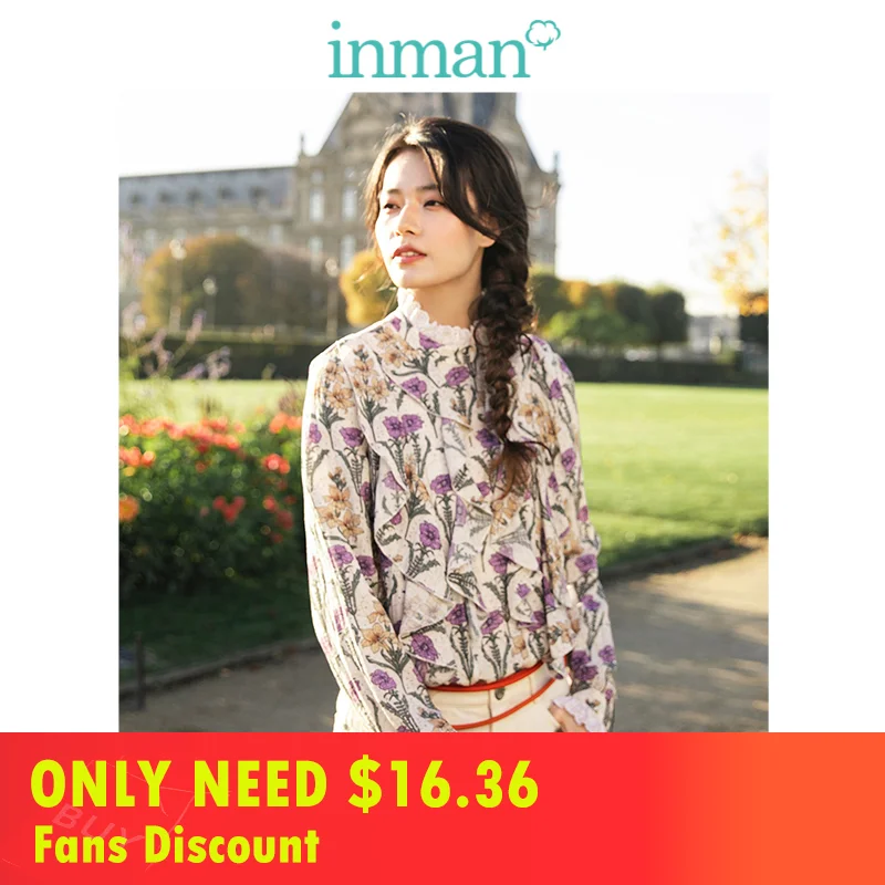 

INMAN 2019 New Arrival Medium High Collar Literary Retro Floral Holiday Style Loose Long Sleeve Women Blouse