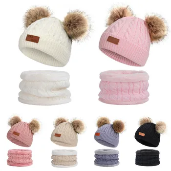 

Hot 2Pcs Baby Winter Knitted Hat Scarf Pom Pom Set Neckerchief Warm Crochet Headwear