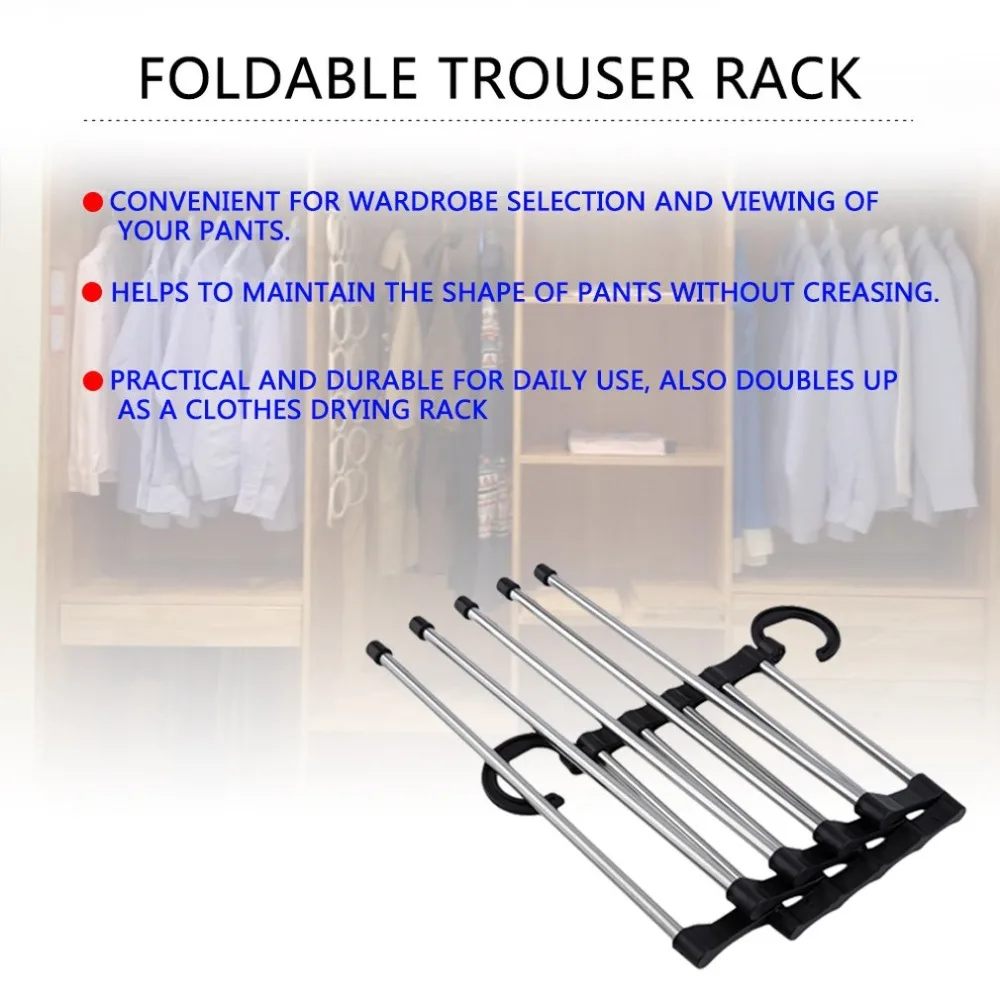 1pc 5 layers Portable Hand-Held Folding Closet Organizer MultiFunctional Trouser Rack Pants Ties Scarf Shawl Hanger Space Saving