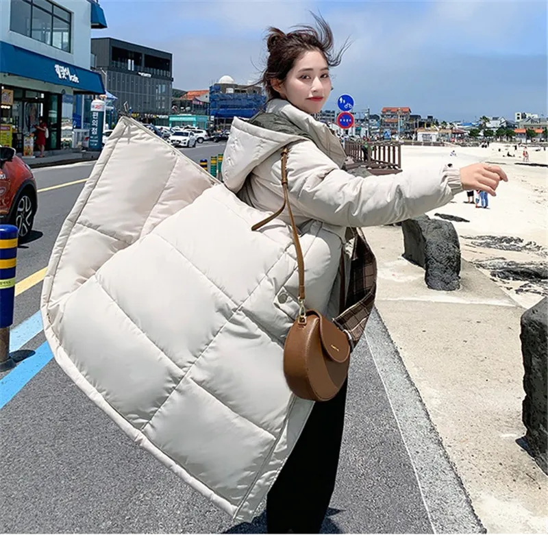 Новая зимняя Корейская длинная хлопковая куртка-пуховик женская Свободная Повседневная теплая хлопковая куртка кремово-белая женская парка с капюшоном F878