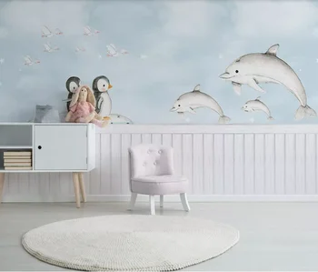 

Custom Nordic hand-painted Mediterranean whale penguin children's room stitching, seamless background wallpaper mural