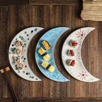 

12 Inch Creative Net Red Ceramic Japanese-style Plate Sushi Moon Plate Sashimi Tableware Household Art Simple Kitchen Supplies