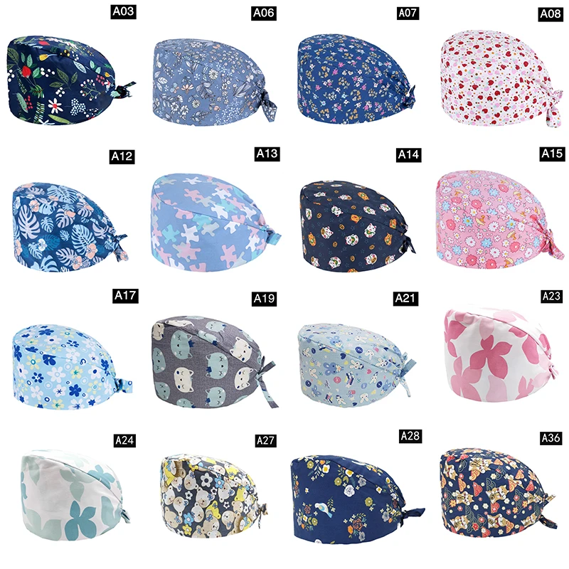 

Multicolor Cartoon Print Hats Adjustable Scrub Cap Beauty Salon Nursing Cap Laboratory Pet Shop Fashion Scrub Hats