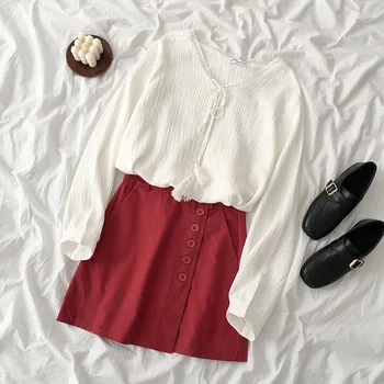 

Summer Elegant Skirt Set Women White V-neck Long Sleeve Lace Blouse + High Waist Red Buttons Decor Mini Skirt Matching Set