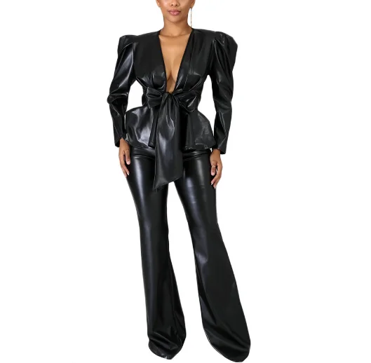 

2020 Winter tracksuit set for women full sleeve solid color PU leather tie sashes pants suit