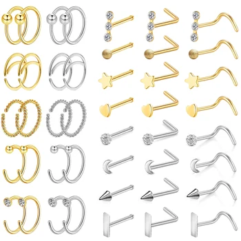 

ZS 44pcs Nose Studs Set Stainless Steel Nose Hoops Golden White Nose Piercing Rings Set 20G Nose Piercing Studs Septums Set