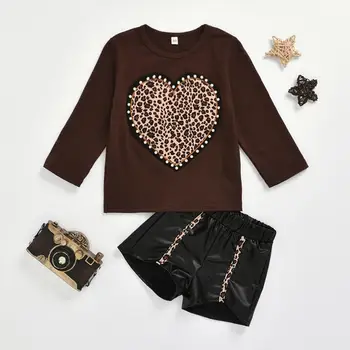 

2020 Valentine's Day Baby Girls 1-5T long sleeve leopard heart applique t-shirt top + leather shorts 2PC Outfits