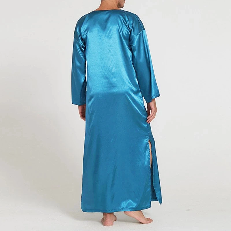 Модные мужские халаты, ночная рубашка из искусственного шелка и атласа, одноцветные, с длинным рукавом, v-образный вырез, карманы, домашняя