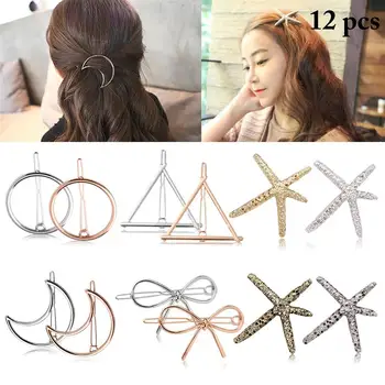 

12pcs Geometric Shape Hair Clip Fashion Women Lady Girl Hollow Out Moon Bowknot Starfish Triangle Circle Barrettes Hairpin
