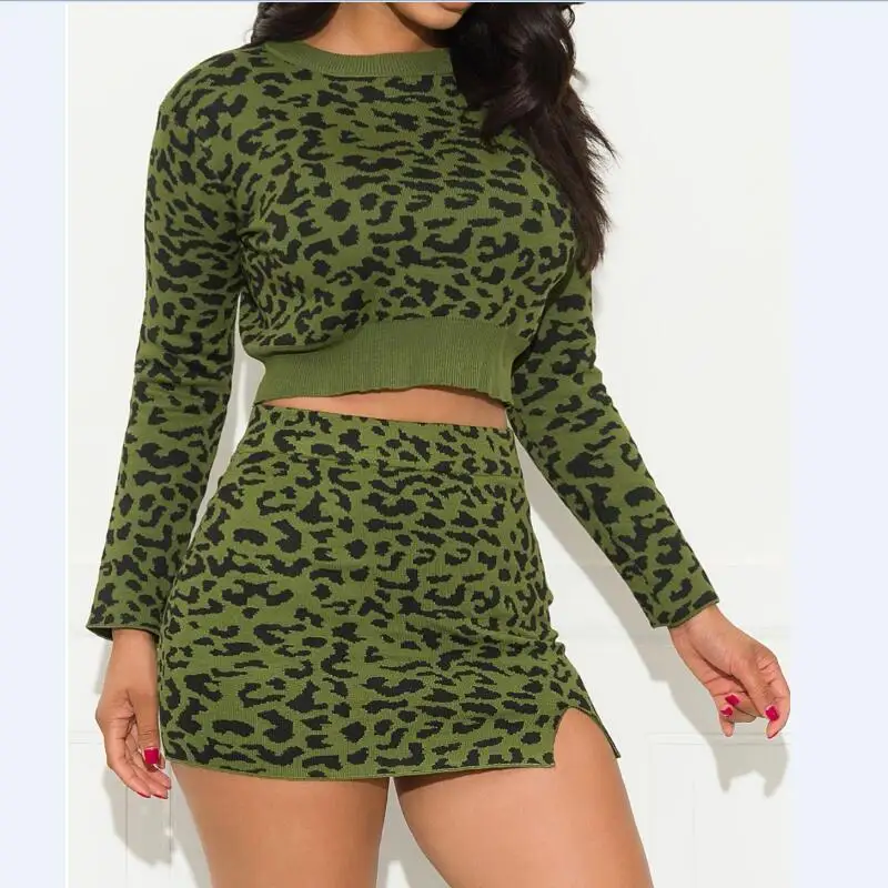 Армейский зеленый Леопардовый принт 2 предмета юбка костюм женский короткий топ