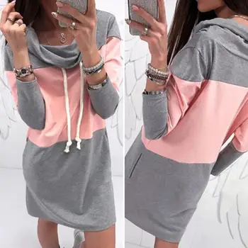 

Fashion Women Autumn Color Blocks Drawstring Hooded Dress Pocket Long Sweatshirt