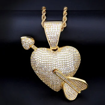 

Hip Hop Rapper Bling Ice Out Micro Paved AAA CZ Stone Shiny Cupid Arrow Heart Pendants Necklaces Men Wome Lovers Jewelry