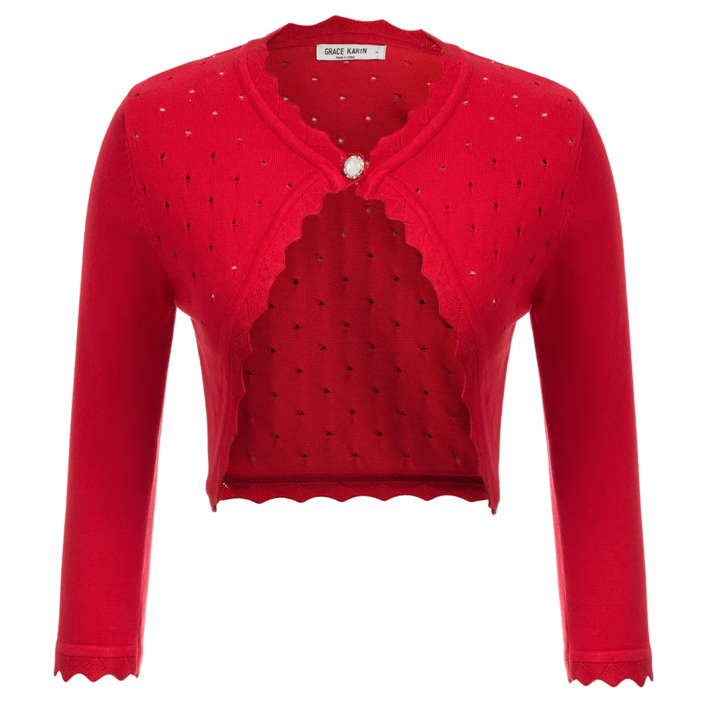 Red Grace Karin/Модный женский трикотажный кардиган с рукавом 3/4, на одной пуговице, жакет-болеро, Вязанная женская короткая куртка - Цвет: Red