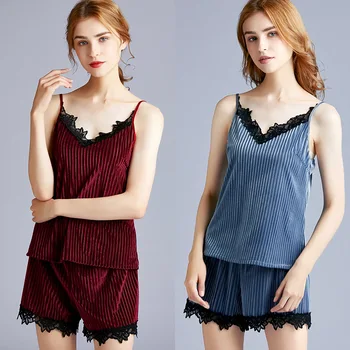 

2 Pieces Velvet Pajamas Sets Warm Winter strap shorts Lingerie Set Women Sexy Lace Sleepwear Kit Homme PJ Sleeveless Nightwear