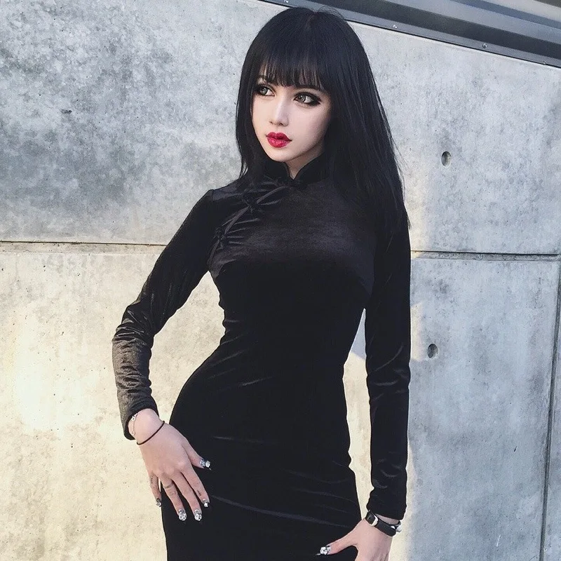 Готическое женское платье cheongsam китайский стиль обтягивающее мини-платье Уличная Сексуальная Винтажная летняя женская одежда тонкая черная