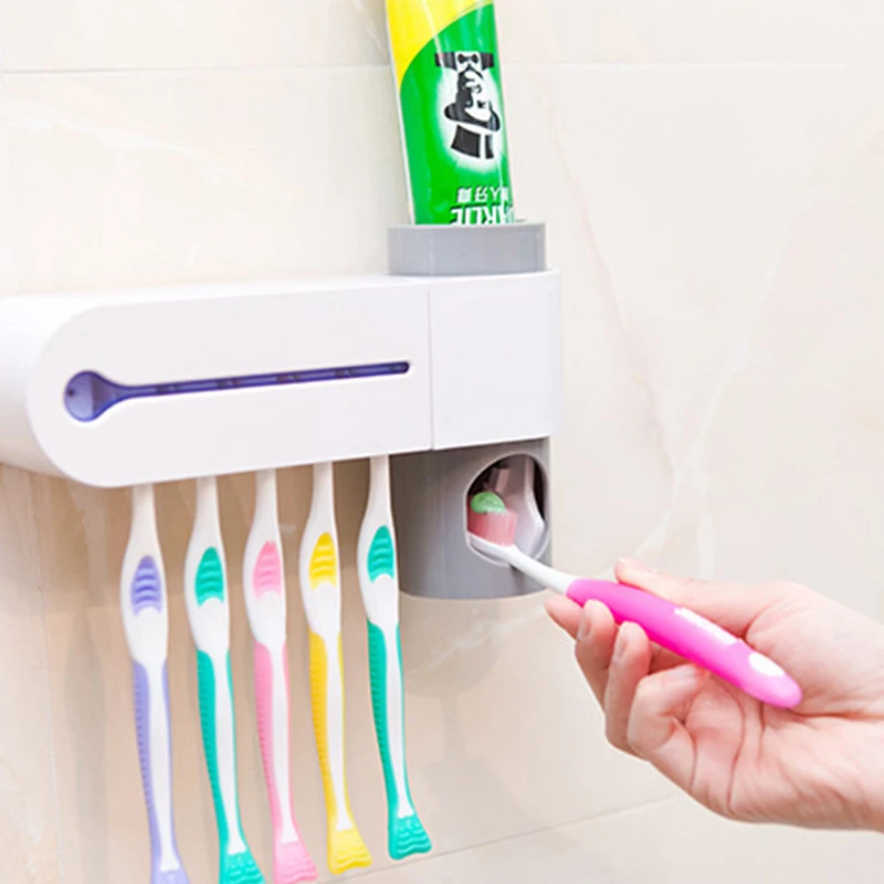 

2 in 1 UV Light Ultraviolet Toothbrush Sterilizer Toothbrush Holder Automatic Toothpaste Squeezers Dispenser Home Bathroom Set