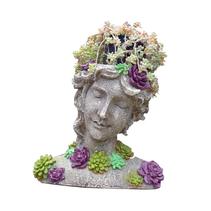 American Country Style Cute Ornament Grape Succulents Beauty Girl Flower Pot Resin Human Face Arts Cartoon Plant Art Houseplant Handmade Art Home Garden Desktop Decoration R3019