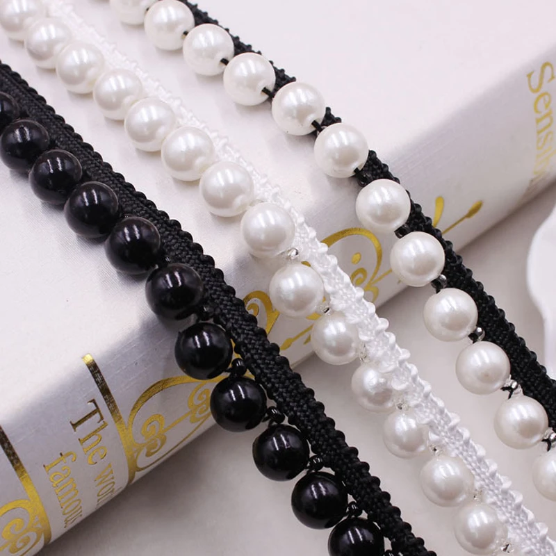 10yards Black White Pearl Beaded Lace Trims Ribbons Fabric Diy Handmade