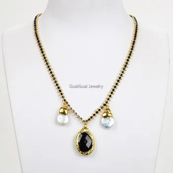 

GG Jewelry 19" Black Color Crystal Chain Necklace White Keshi Pearl Onyx Pendant