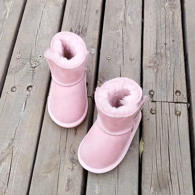 pink Зимние ботинки для маленьких девочек, зимние ботинки для мальчика, теплые ботинки из овечьей кожи и меха для детей, водонепроницаемые ботинки для новорожденных, Детская нескользящая обувь - Цвет: pink