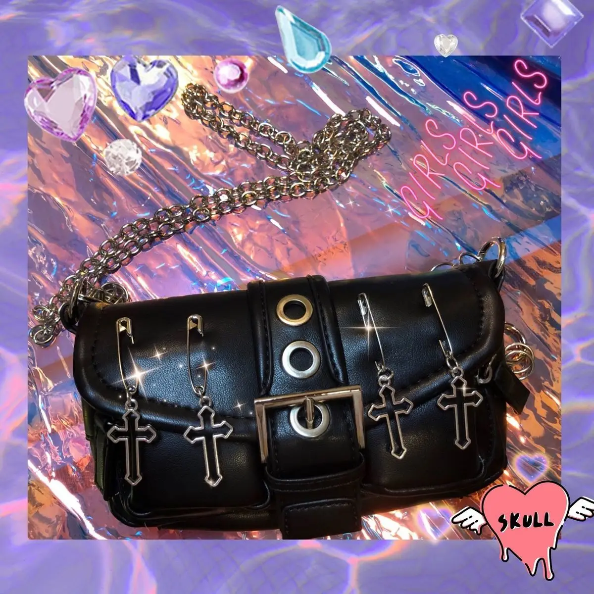 Xiuya Vintage Gothic Shoulder Bag Women 2022 Harajuku Punk Pin Cross Crossbody Bags Solid PU Leather Womens Handbag Pouch