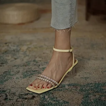 

kmeioo 2020 summer fashion pearl dress shoes female open toe chunky heels ankle strap sandals clear heel shoes woman prom shoe