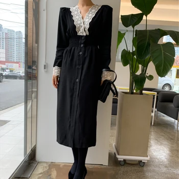 

YAMDI vintage elegant dress women casual lace v neck spring autumn long sleeve dresses midi loose single-breasted a-line vestid