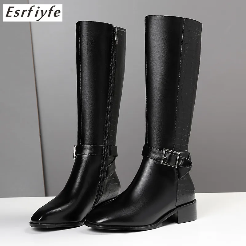 

ESRFIYFE 2020 New Winter Knee High Boots High Quality Genuine Leather Handmade Square Toe Thick Heels Shoes Zipper Women Boots