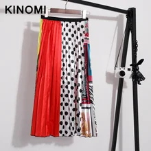 KINOMI весеннее летнее в горошек с цветочным принтом эластичные плиссированные юбки с высокой талией в стиле пэчворк женские длинные юбки трапециевидной формы для женщин