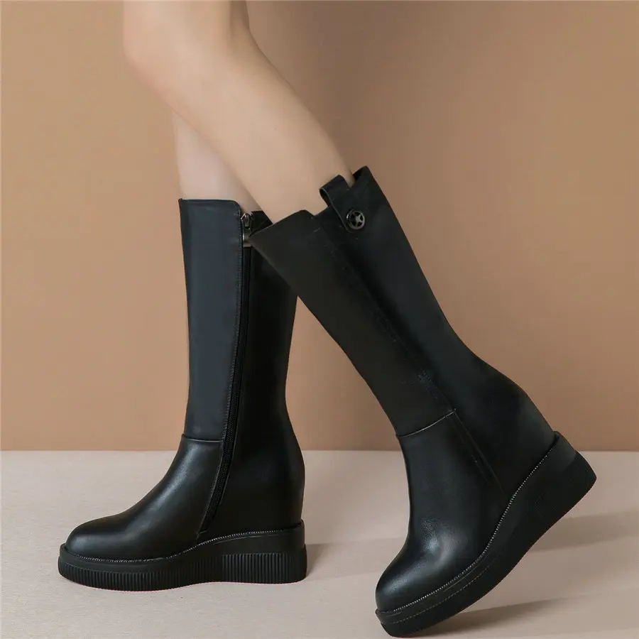 

Thigh High Fashion Sneakers Women Cow Leather Wedges High Heel Mid Calf Military Boots Female Pointed Toe Platform Pumps Shoes