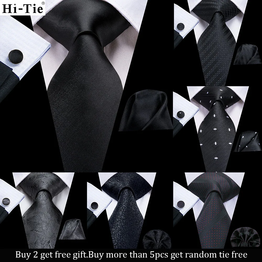 Black-Solid-Striped-Silk-Wedding-Tie-For-Men-Hanky-Cufflink-Gift-Mens ...