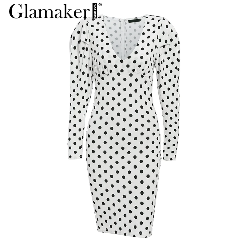 Белый Glamaker белое сексуальное платье в горошек, женское осеннее элегантное облегающее платье миди, вечерние платья с пышными рукавами и v-образным вырезом, винтажное зимнее платье - Цвет: Белый