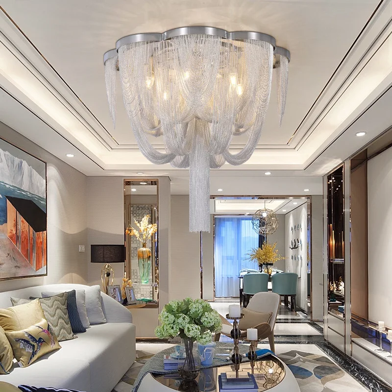 Postmodern Luxury LED Chandelier Ceiling Tassel Living Room Lobby Large Hanging Light Villa Hotel Aluminum Deco Luminaires E14