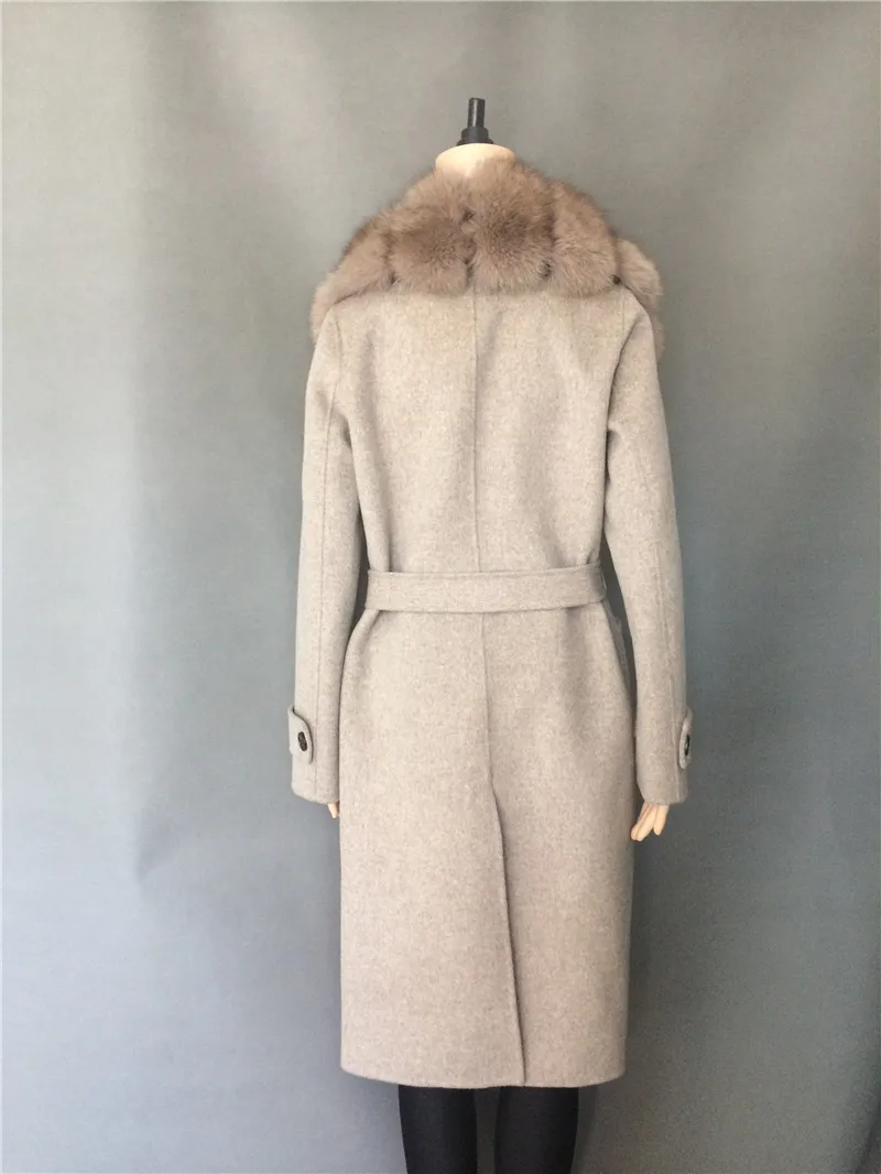 Женское шерстяное длинное пальто с воротником из лисьего меха, шерстяное Женское пальто с поясом, верхняя одежда с мехом спереди размера плюс