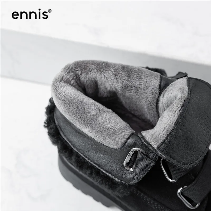 ENNIS Black Flat Boots Women Cow Suede Leather Snow Boots Winter Ankle Boots Female Warm Plush Shoes Designer Lace Up Shoe A9322
