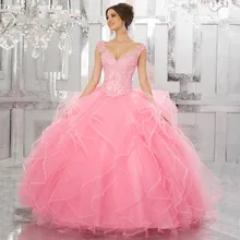 Кружевные розовые платья Quinceanera бальное платье с оборками и пайетками Тюлевое платье, платье на выпускной, и фуршетов великолепные шестнадцать 16 платья vestidos de 15 anos