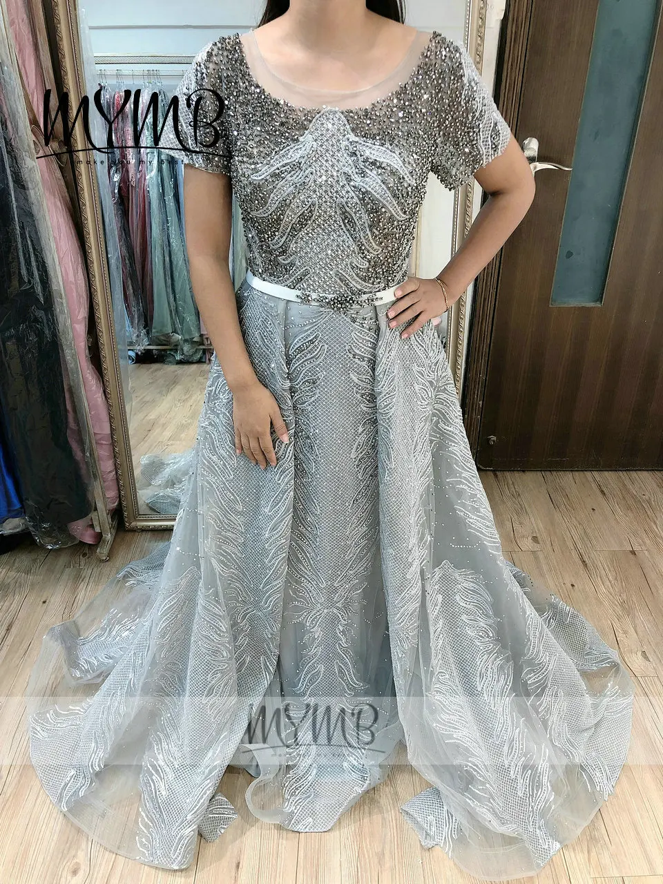 

Short Sleeve Beading Lace Girls Dress For Party MYMB Grey Overskirt Mother Of The Bride Dress 2021 MY31131