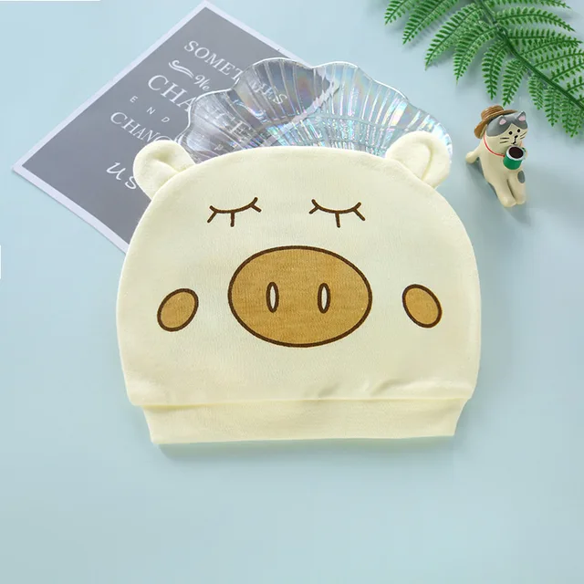 Four Seasons Kids Newborn Baby Hats 100% Cotton Cap 40 Color Cartoon Cute Printed Hat Suitable for 0-12 Months Baby Accessories piggy yellow