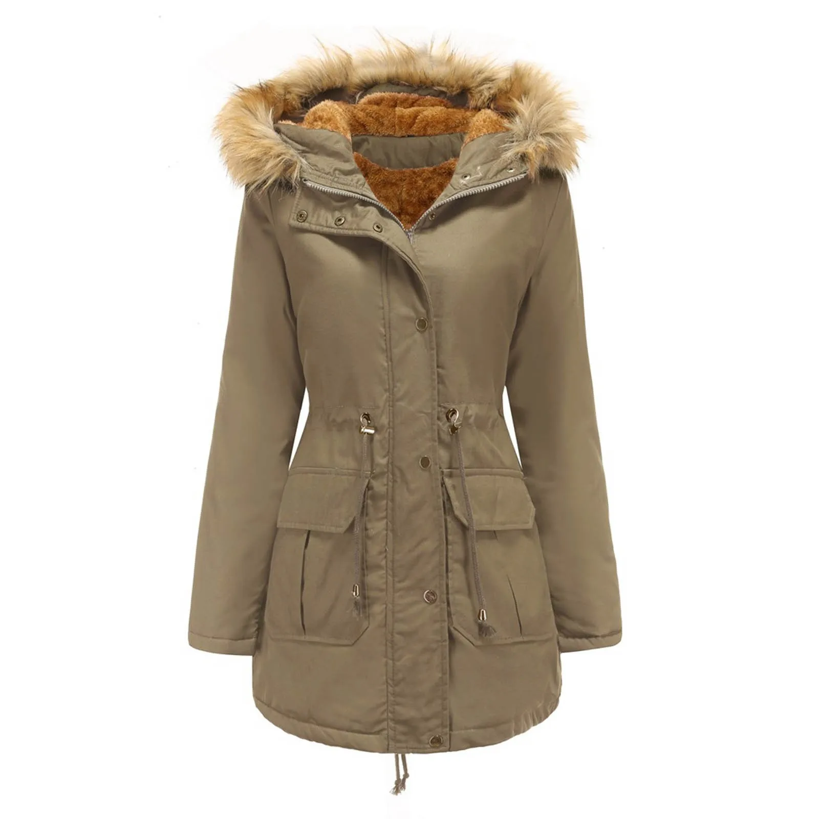 

Winter Hoodies Fleece Outwear for Women Plush Hooded Loose Drawstring Long Solid Color Keep Warm Outcoat
