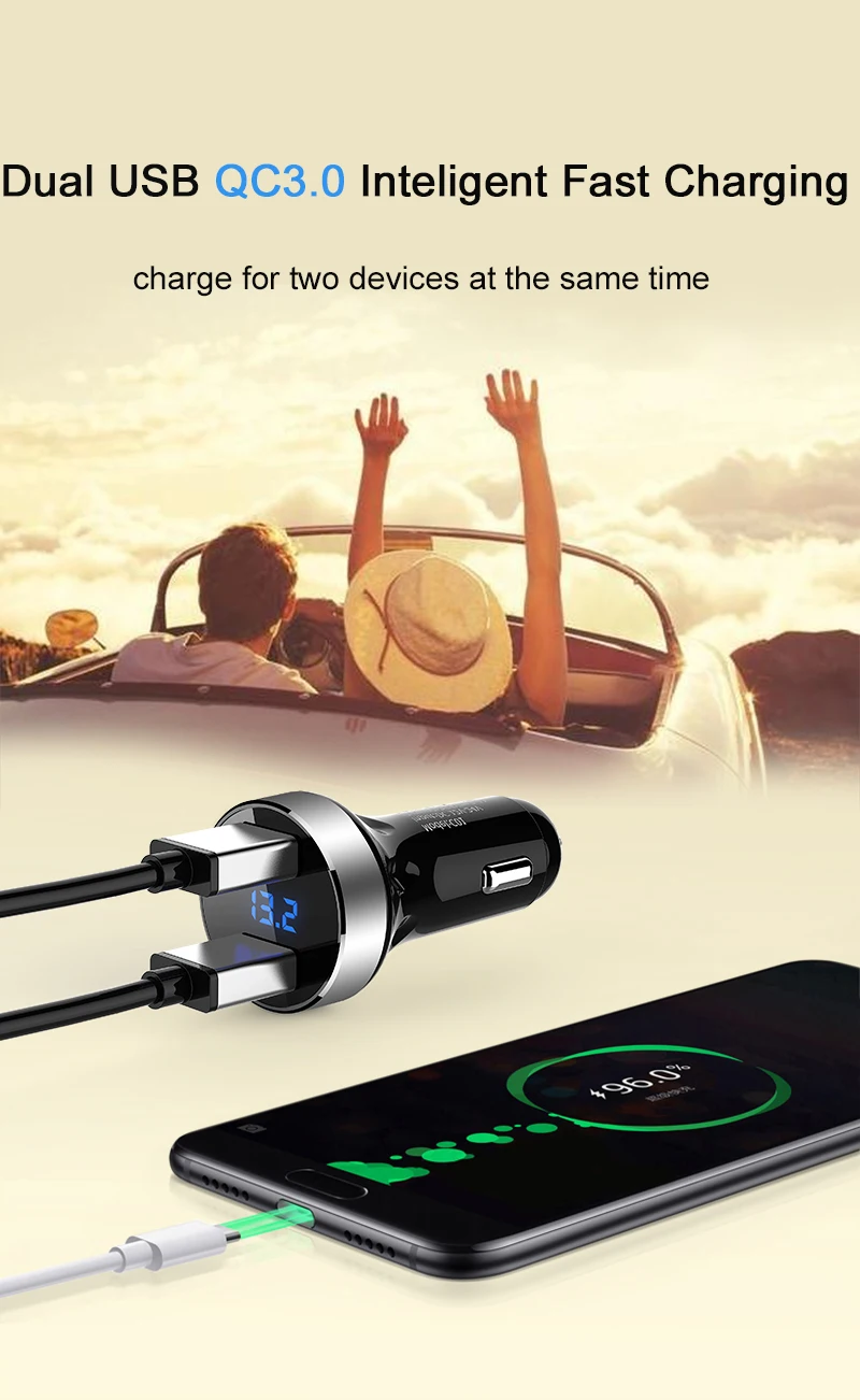 Автомобильное зарядное устройство с двумя USB, адаптер прикуривателя C01 QC3.0, 2 порта, ЖК-дисплей, быстрое автомобильное зарядное устройство, адаптер питания, розетка для прикуривателя