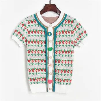 

Summer Knitted Crop Top Women Short Sleeve Bohemian Floral Vintage Cardigan Mujer 2020 New Fashion Brand Sweater Coat Knitwear