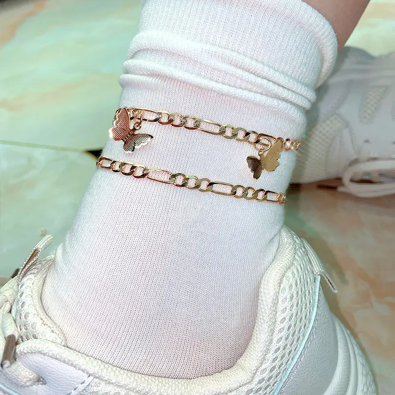 Flatfoosie 2Pcs/Set Lovely Metal Butterfly Anklet for Women Gold Color Copper Chain Anklets Sandals Barefoot Beach Jewelry Gift Flatfoosie 2Pcs/Set Lovely Metal Butterfly Anklet for Women Gold Color Copper Chain Anklets Sandals Barefoot Beach Jewelry Gift