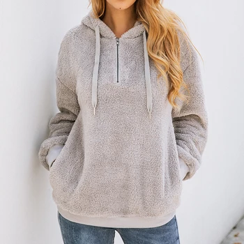 

2020 Winter Women's Plush Sweatshirt Fleece Fashion Zip Pocket Hooded Blouse for Female