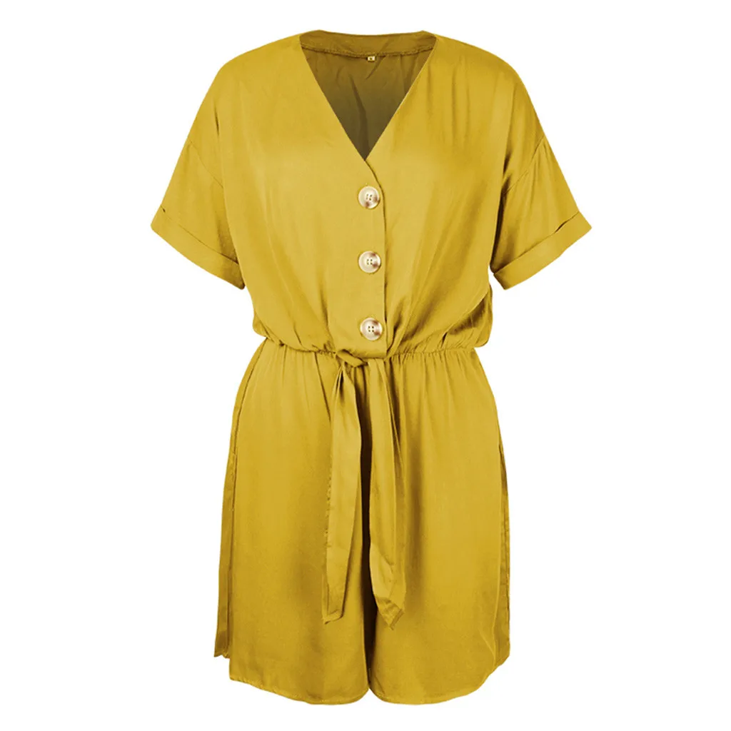 Jaycosin Fashion Summer Women Casual Solid V-Neck Button Wild Stylish Short Sleeve Comfortable Playsuit Casual Short Jumpsuit311