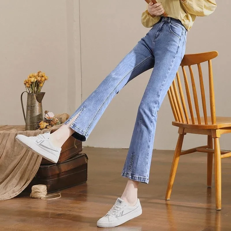 Split Jeans Women's High Waist Slim 2021 Summer Spring Ankle-Length Pants Flared Pants Student Trendy Blue Two Buckle Auutumn