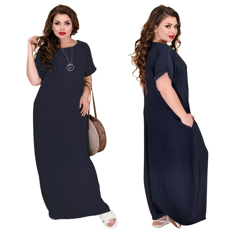 

Large Size Women's Spring Summer Dress Fashion Short Sleeve Pockets Long Dress Round Collar Loose Maxi Dresses Plus Size 6XL
