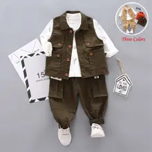 Рубашка на пуговицах с длинными рукавами и принтом для маленьких мальчиков+ плотный жилет пальто+ штаны-шаровары осенняя одежда